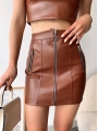 Üç fermuarlı deri etek kahve s24510