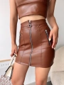 Üç fermuarlı deri etek kahve s24510