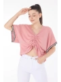 V yaka büzgülü detaylı bluz