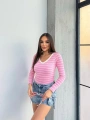 V yaka çizgili bluz pembe A3699