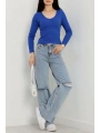 V yaka kaşkorse bluz saks mavisi a3699