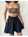 Volanlı keten şort siyah s255058