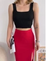 Yırtmaçlı esnek kumaş midi boy etek koyu kırmızı