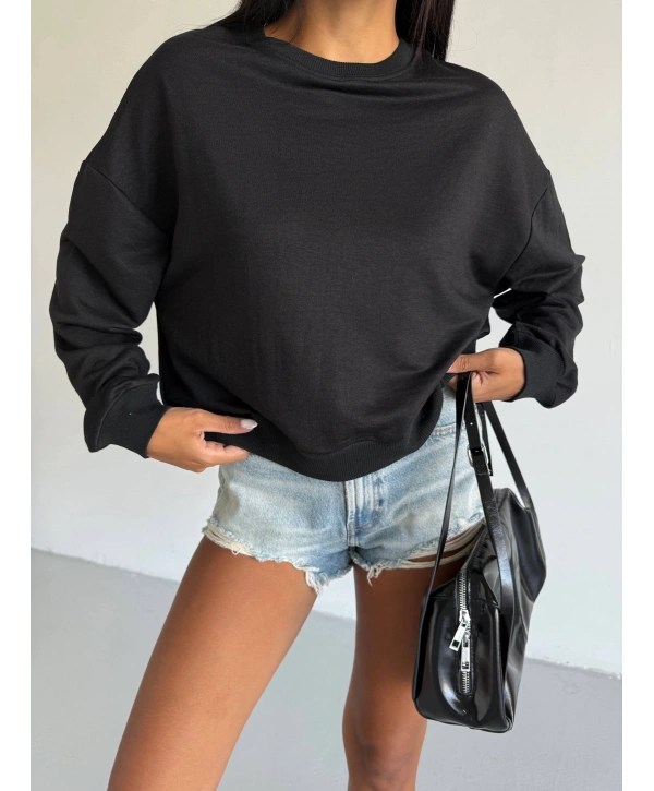 2 iplik bisiklet yaka sweat siyah f2339