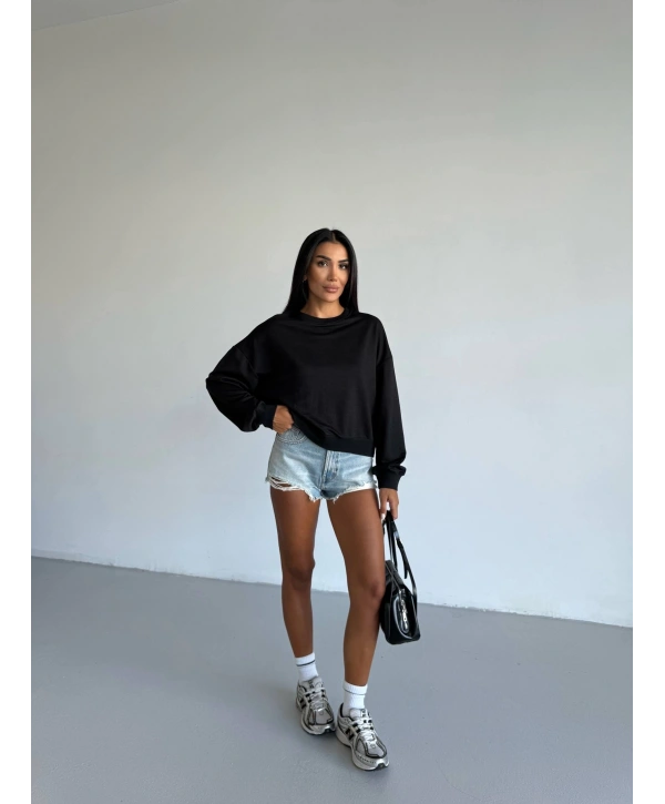 2 iplik bisiklet yaka sweat siyah f2339