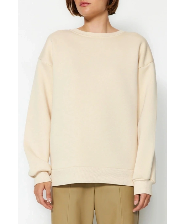 3 iplik şardonlu bisiklet yaka sweatshirt bej