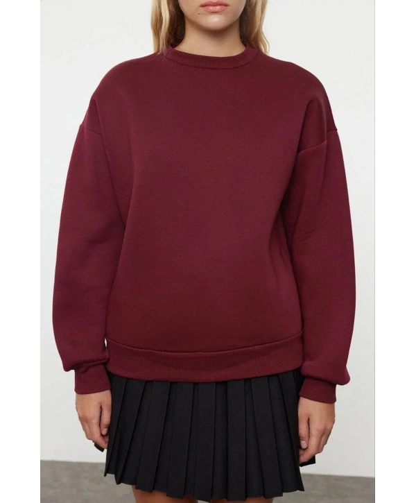 3 iplik şardonlu bisiklet yaka sweatshirt bordo