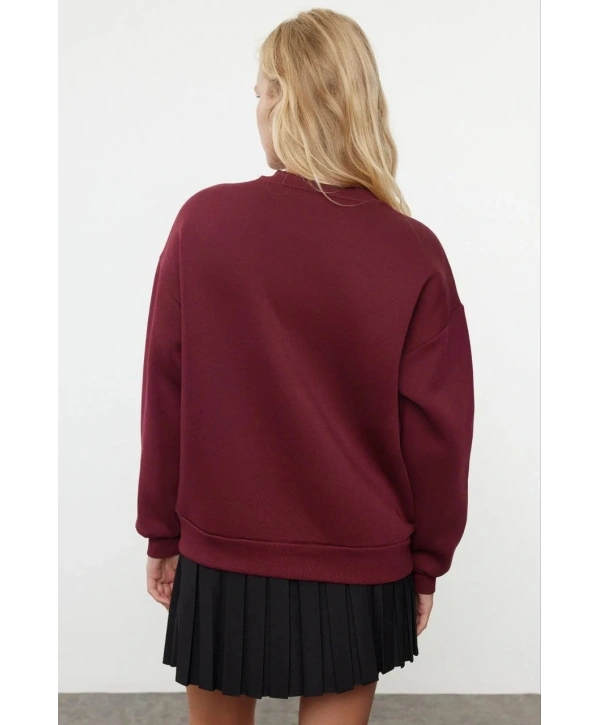 3 iplik şardonlu bisiklet yaka sweatshirt bordo