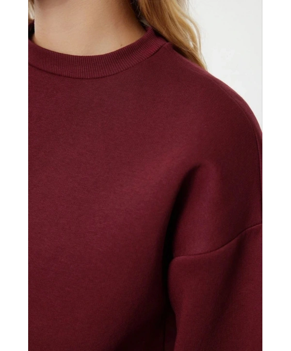 3 iplik şardonlu bisiklet yaka sweatshirt bordo