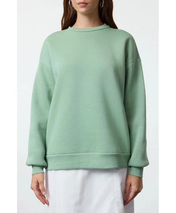 3 iplik şardonlu bisiklet yaka sweatshirt mint