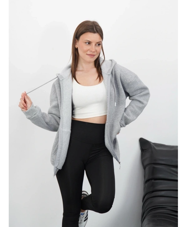 3 iplik şardonlu fermuarlı kapşonlu hırka gri