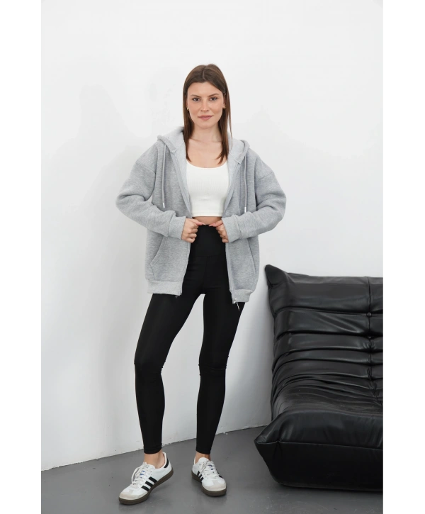 3 iplik şardonlu fermuarlı kapşonlu hırka gri