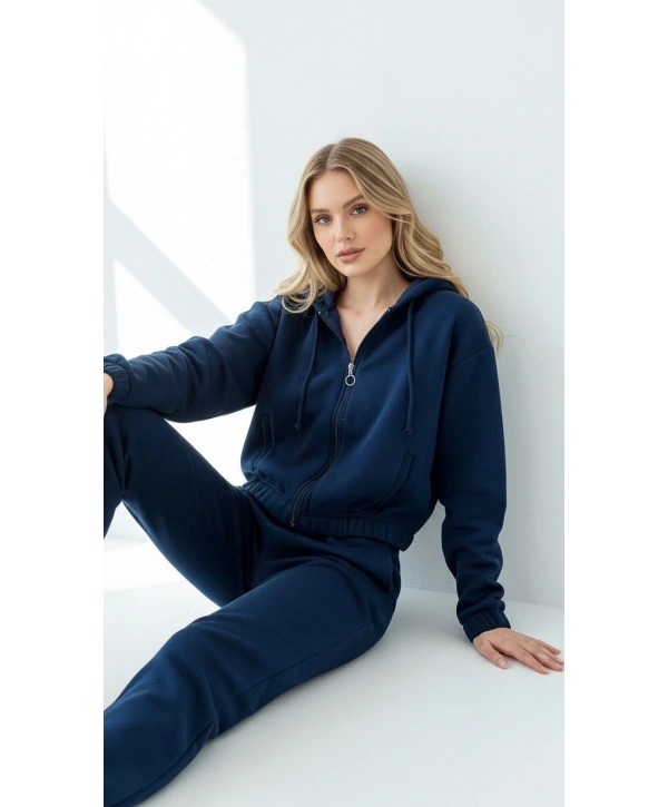 3 iplik şardonlu Kapşonlu fermuarlı kısa üst lacivert pat8590