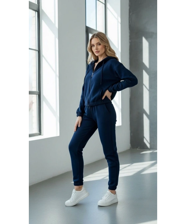 3 iplik şardonlu Kapşonlu fermuarlı kısa üst lacivert pat8590