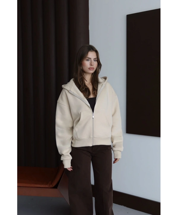 3 iplik şardonlu kapşonlu hoodie frm bej p510437