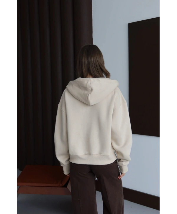 3 iplik şardonlu kapşonlu hoodie frm bej p510437