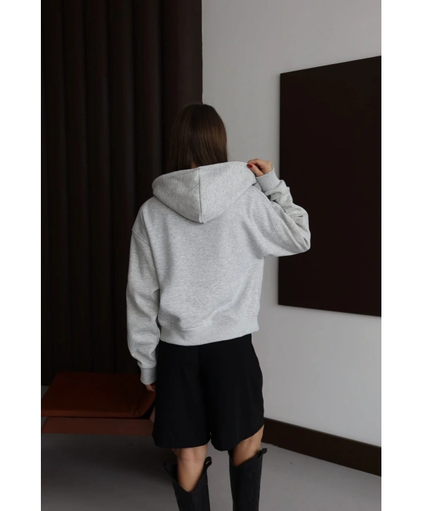 3 iplik şardonlu kapşonlu hoodie frm gri p510437