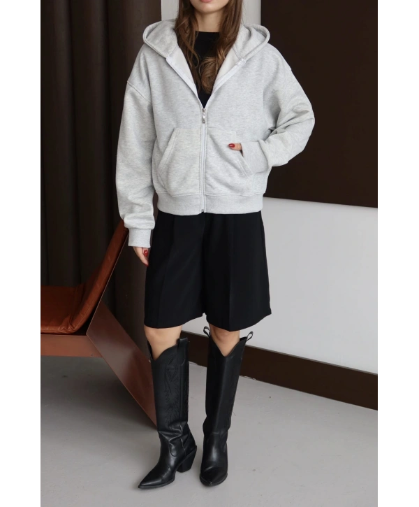 3 iplik şardonlu kapşonlu hoodie frm gri p510437