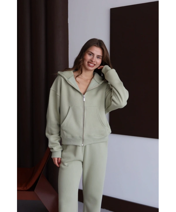 3 iplik şardonlu kapşonlu hoodie frm mint p510437