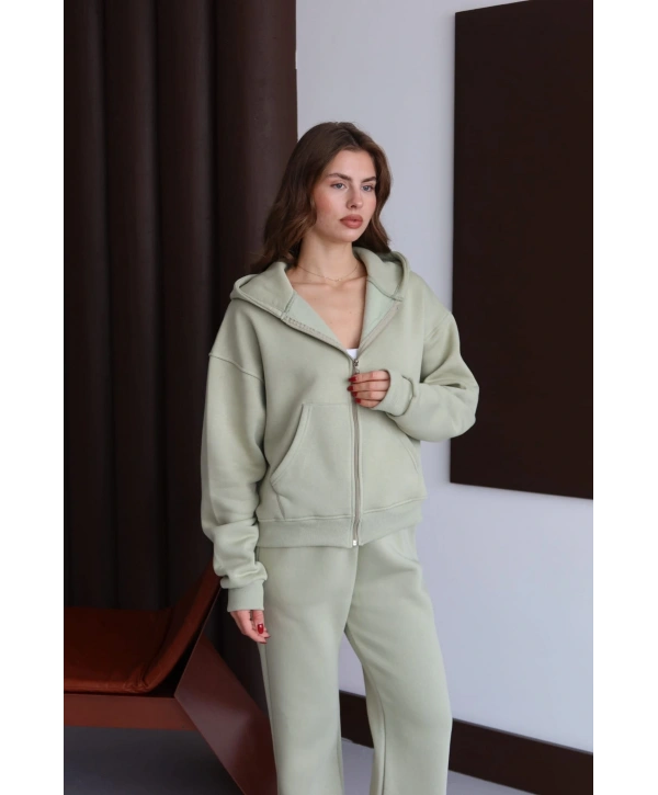 3 iplik şardonlu kapşonlu hoodie frm mint p510437