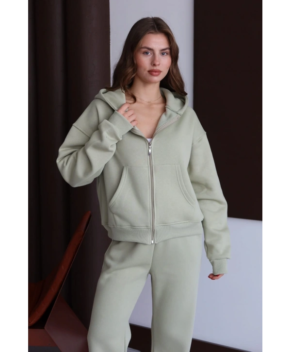 3 iplik şardonlu kapşonlu hoodie frm mint p510437