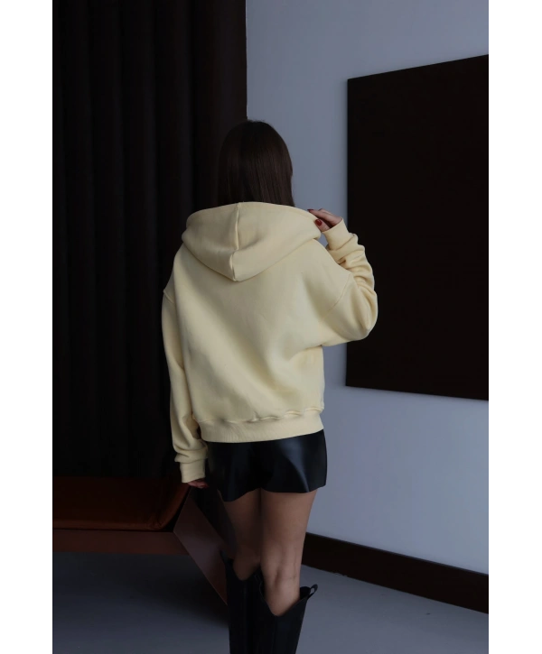 3 iplik şardonlu kapşonlu hoodie frm sarı p510437