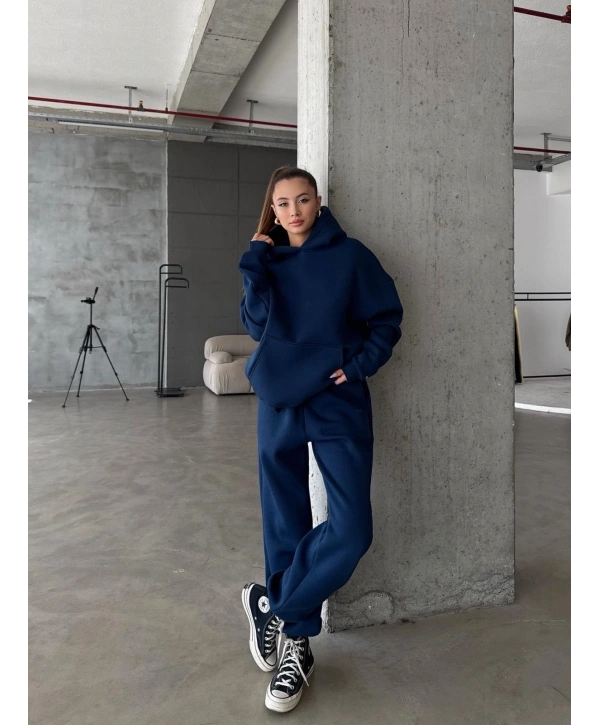 3 iplik şardonlu kapşonlu sweatshirt lacivert p510436