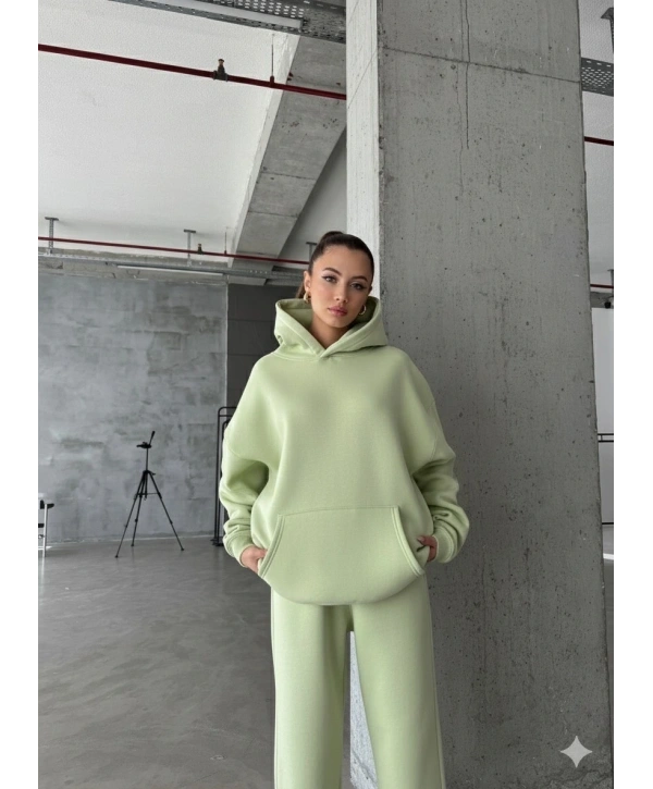 3 iplik şardonlu kapşonlu sweatshirt mint p510436