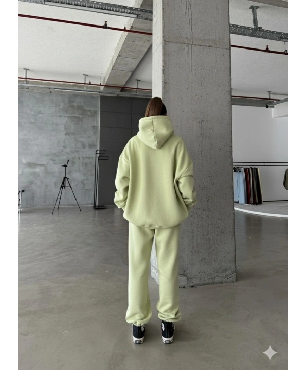 3 iplik şardonlu kapşonlu sweatshirt mint p510436