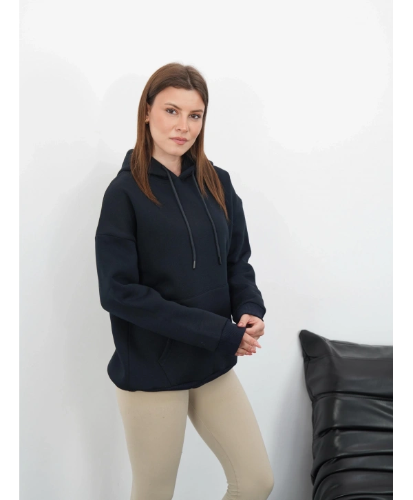 3 iplik şardonlu kapşonlu swetshirt lacivert md63