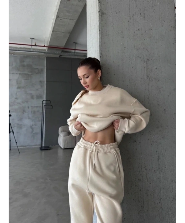 3 iplik şardonlu Lastik paça eşofman bej p510439