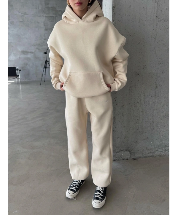 3 iplik şardonlu Lastik paça eşofman bej p510439