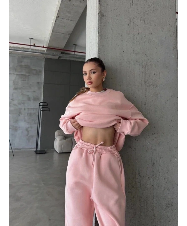 3 iplik şardonlu Lastik paça eşofman pembe p510439