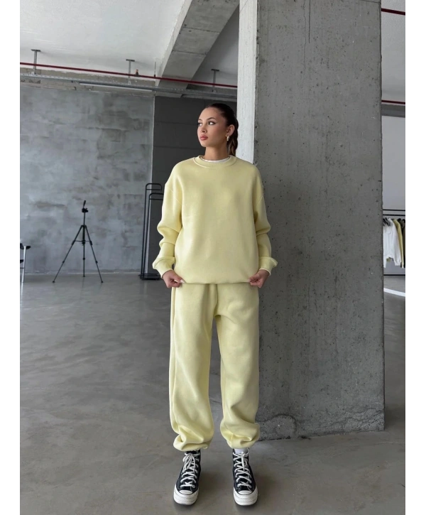 3 iplik şardonlu Lastik paça eşofman sarı p510439