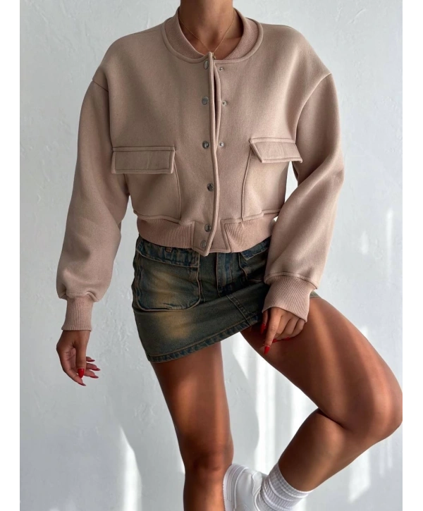 3 iplik şardonlu Önü çıtçıtlı cepli ceket bej f2226