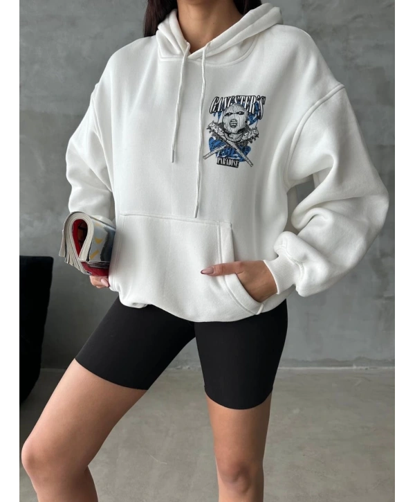 3 iplik şardonlu oversize kafa baskılı sweat beyaz