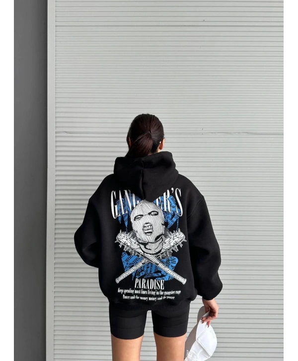 3 iplik şardonlu oversize kafa baskılı sweat siyah