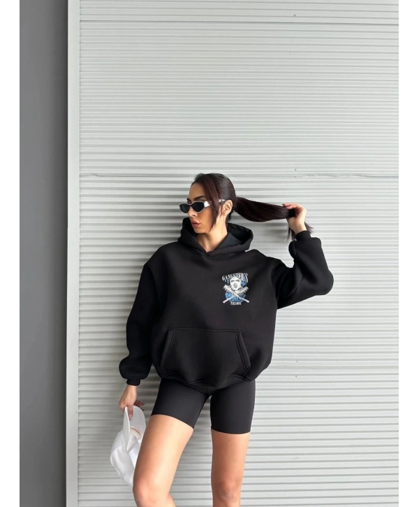 3 iplik şardonlu oversize kafa baskılı sweat siyah