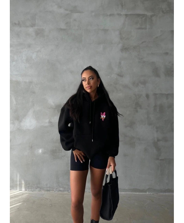 3 iplik şardonlu oversize compact ördek baskılı sweat siyah