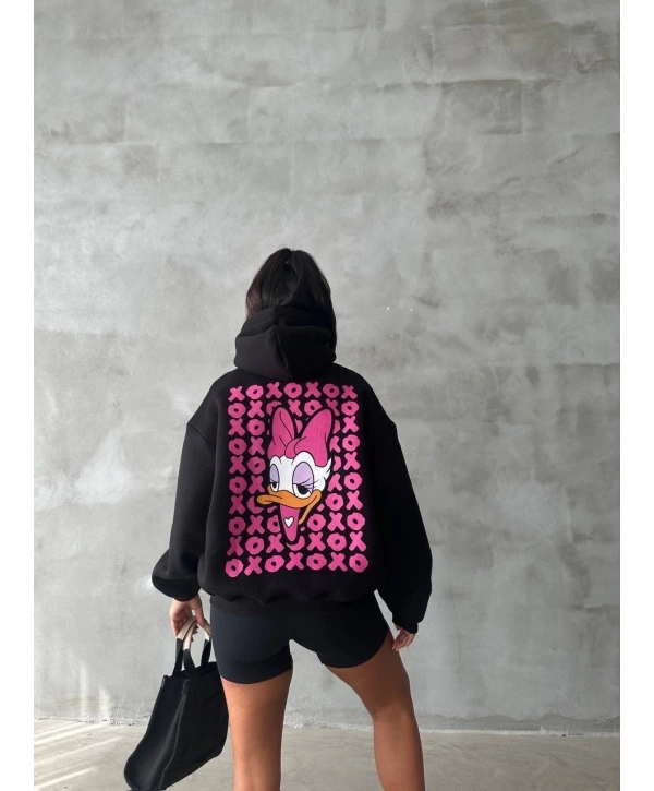 3 iplik şardonlu oversize compact ördek baskılı sweat siyah