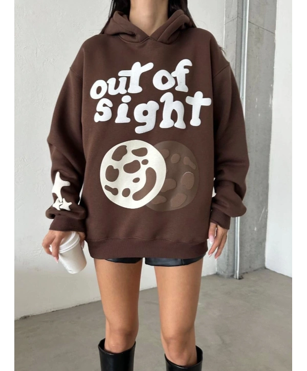3 iplik şardonlu oversize out of baskılı sweat kahve