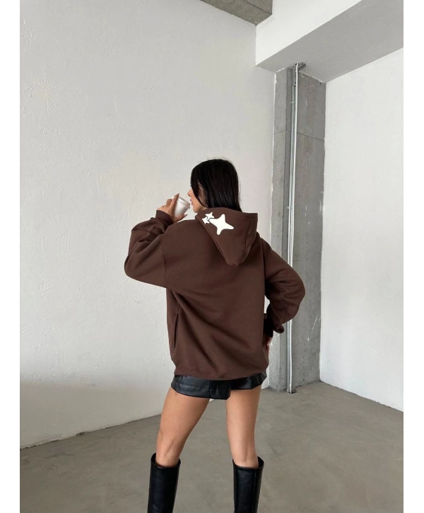 3 iplik şardonlu oversize out of baskılı sweat kahve