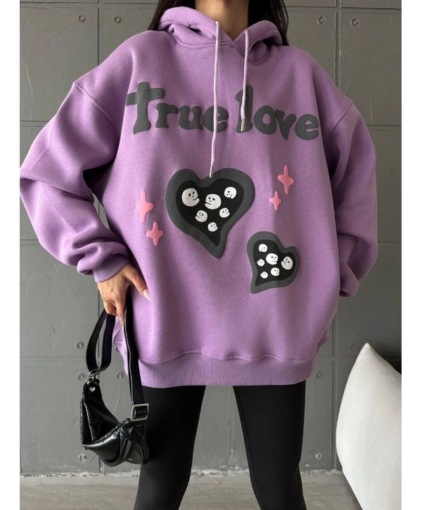 3 iplik şardonlu oversize true baskılı sweat mor