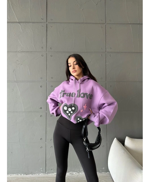 3 iplik şardonlu oversize true baskılı sweat mor