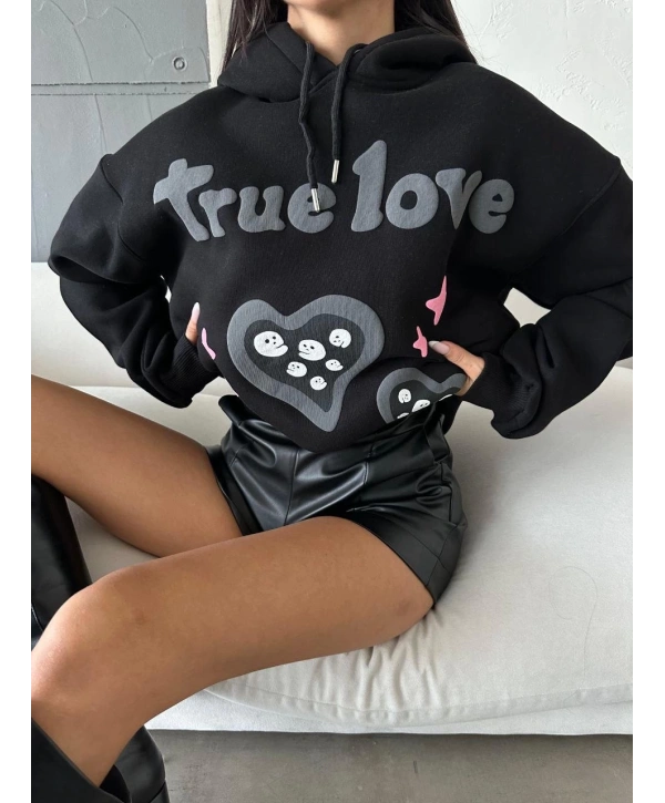 3 iplik şardonlu oversize true baskılı sweat siyah