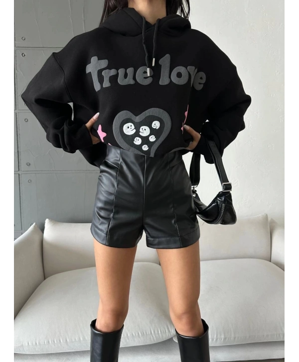 3 iplik şardonlu oversize true baskılı sweat siyah