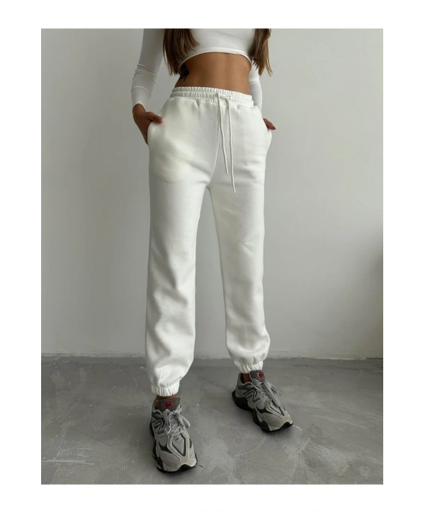 3 iplik şardonlu paça lastikli eşofman beyaz is001