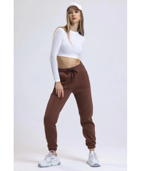 3 iplik şardonlu paça lastikli eşofman kahve is001