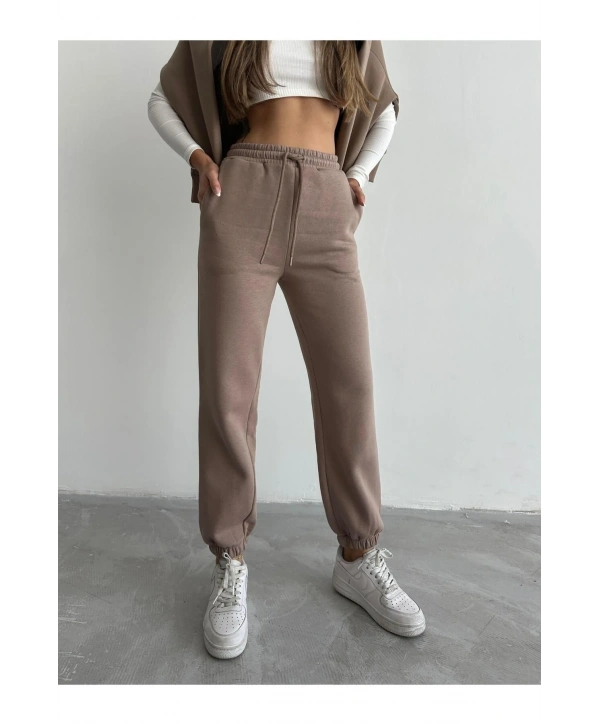 3 iplik şardonlu paça lastikli eşofman vizon is001