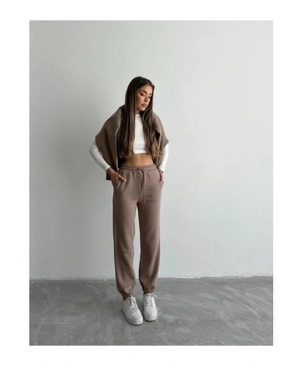 3 iplik şardonlu paça lastikli eşofman vizon is001